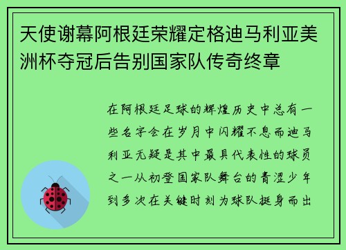 天使谢幕阿根廷荣耀定格迪马利亚美洲杯夺冠后告别国家队传奇终章