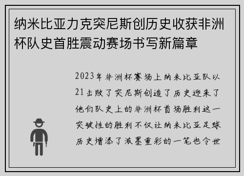 纳米比亚力克突尼斯创历史收获非洲杯队史首胜震动赛场书写新篇章